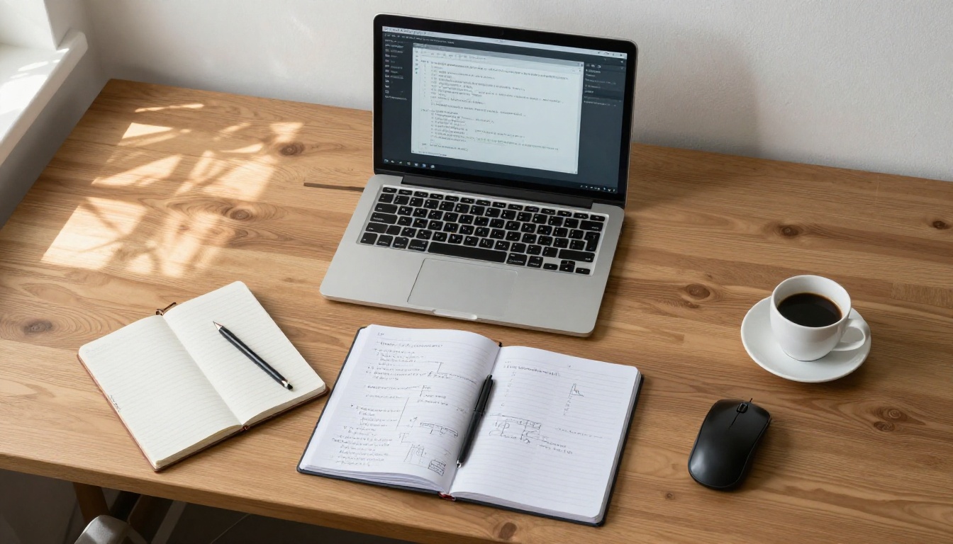 Aerial top-down desk with laptop, notebook, and mechanical keyboard