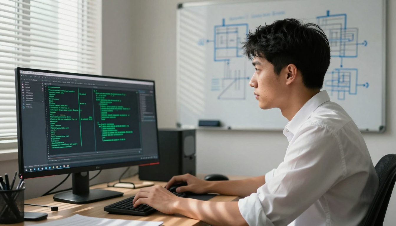 Developer side profile at standing desk with terminal test output visible