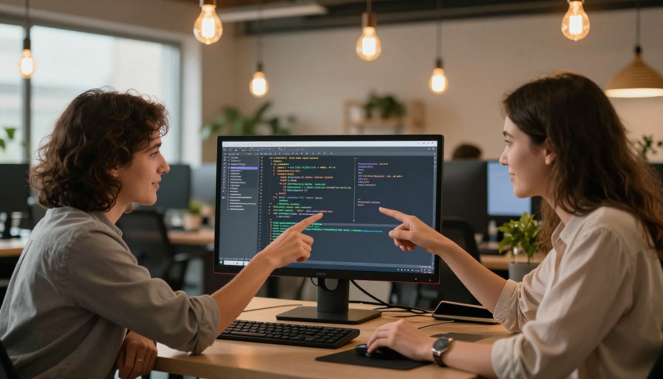 Two developers collaborating at shared workstation pointing at monitor