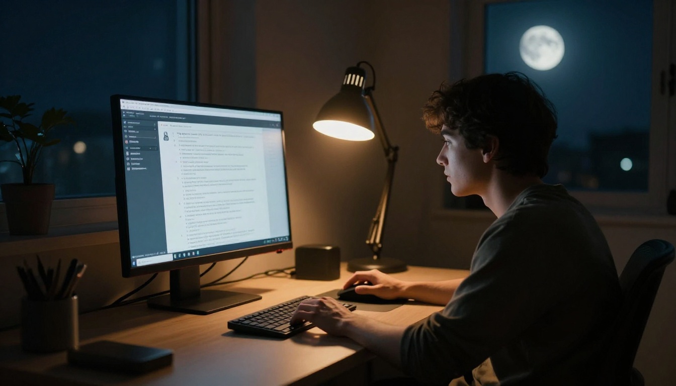 Night workstation with desk lamp illuminating monitor showing AI chat interface