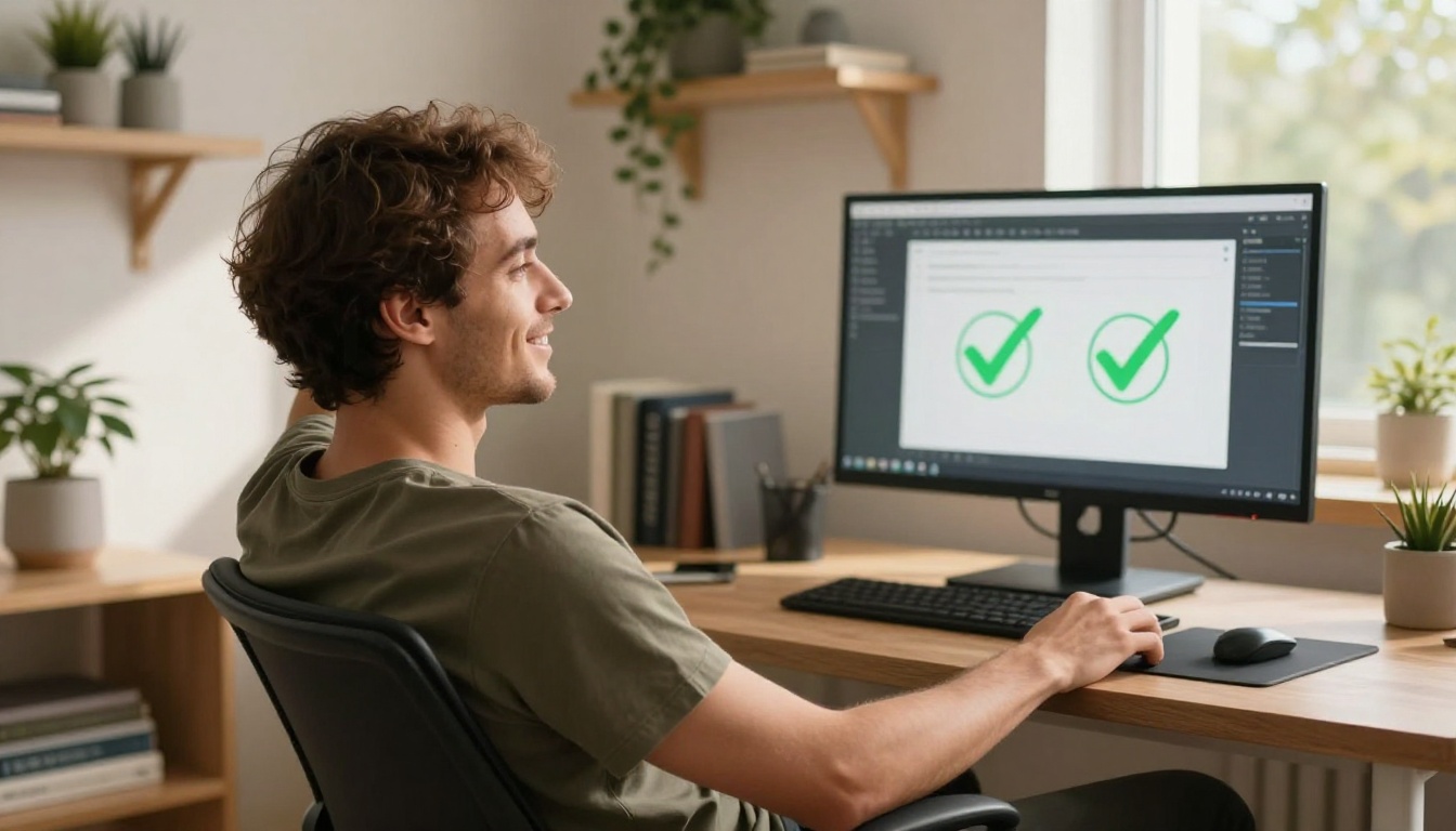 Relaxed developer leaning back in chair with green checkmarks on terminal