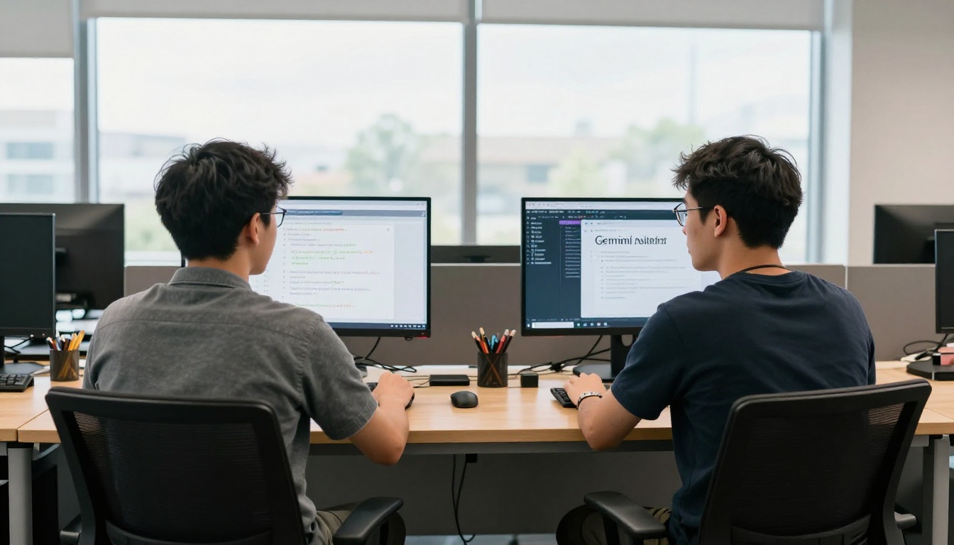 Two developers side by side comparing AI tools