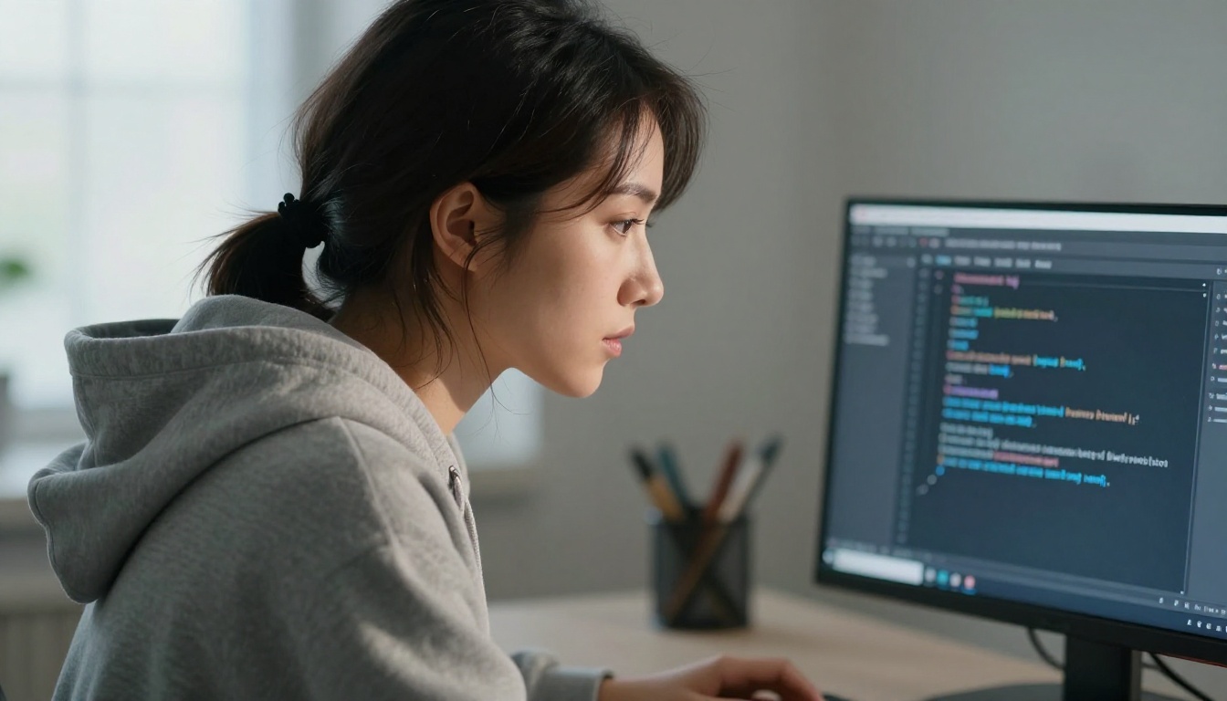 Female developer focused on code completion panel