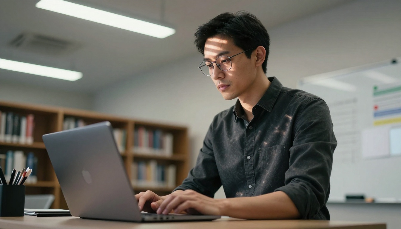 Male developer at standing desk with glasses