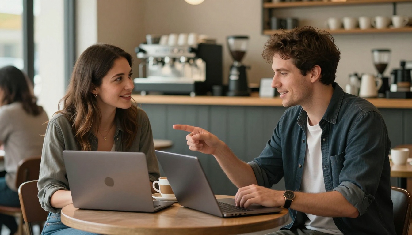 Developers collaborating at café