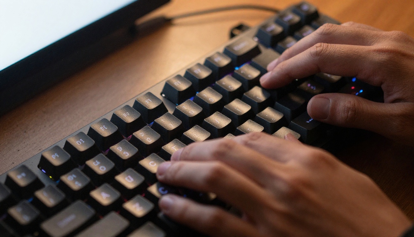 Developer at a clean wooden desk working with API configuration code on a wide monitor