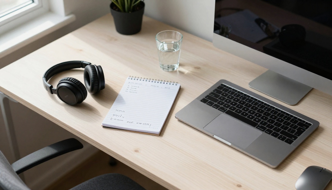 Minimalist software developer workspace from an aerial perspective showing organized desk tools