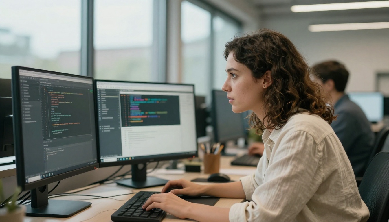 Young woman software engineer focused on dual monitors in a sunlit co-working space