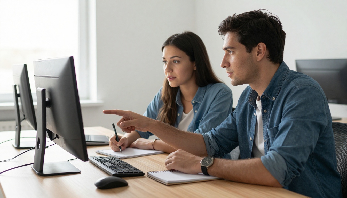 Two developers collaborating at a long wooden desk reviewing code on a large monitor