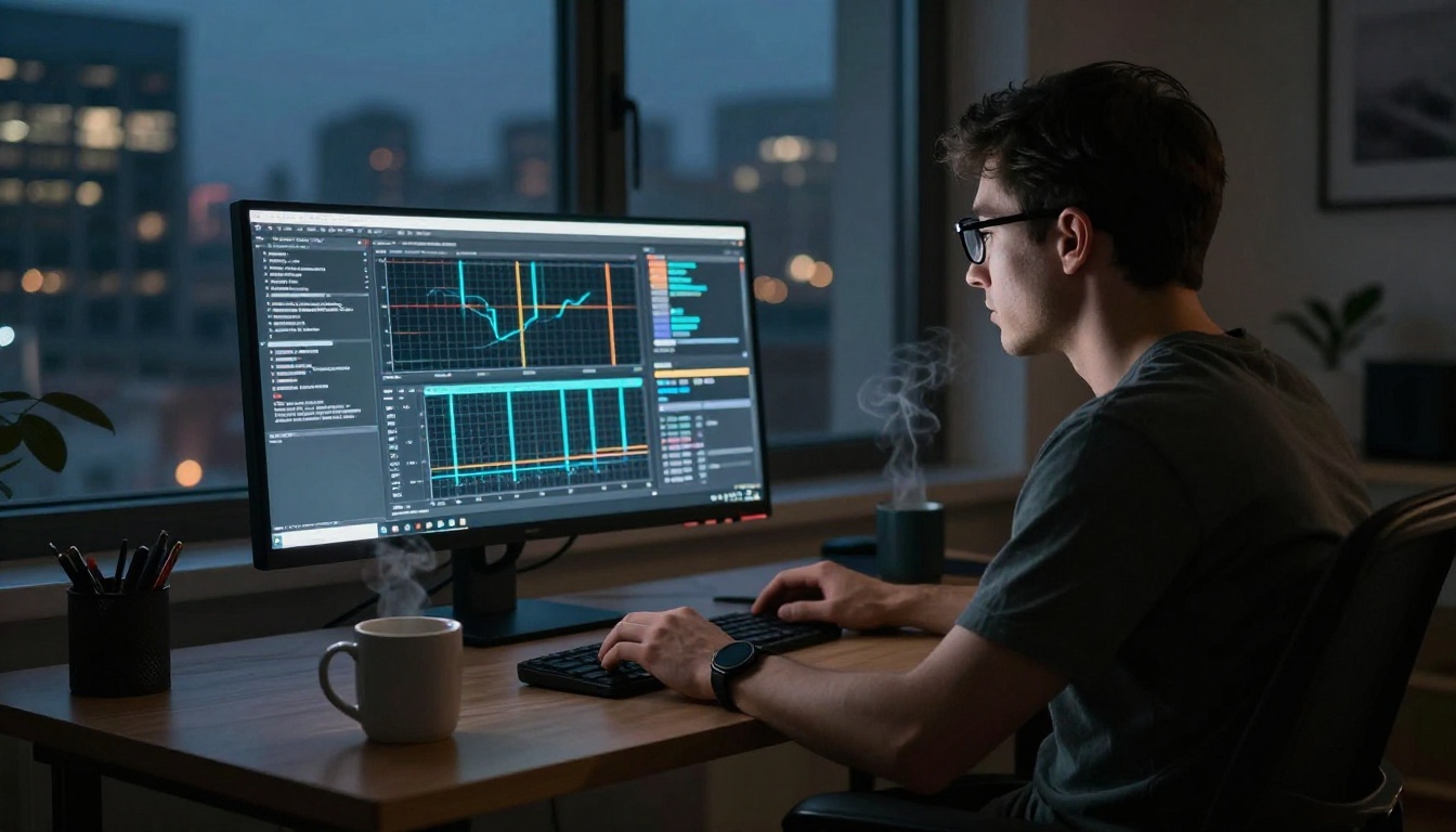 Developer working late at night, ultrawide monitor glow illuminating a dark apartment
