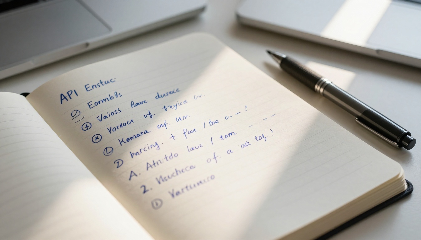 Open notebook with handwritten API configuration notes and a pen resting across the page