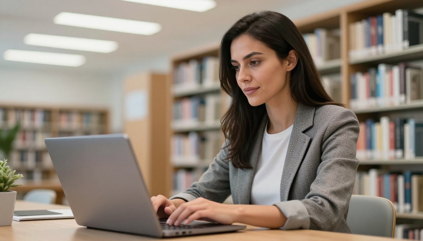 Woman confidently finishing a configuration task on a laptop in a bright modern library
