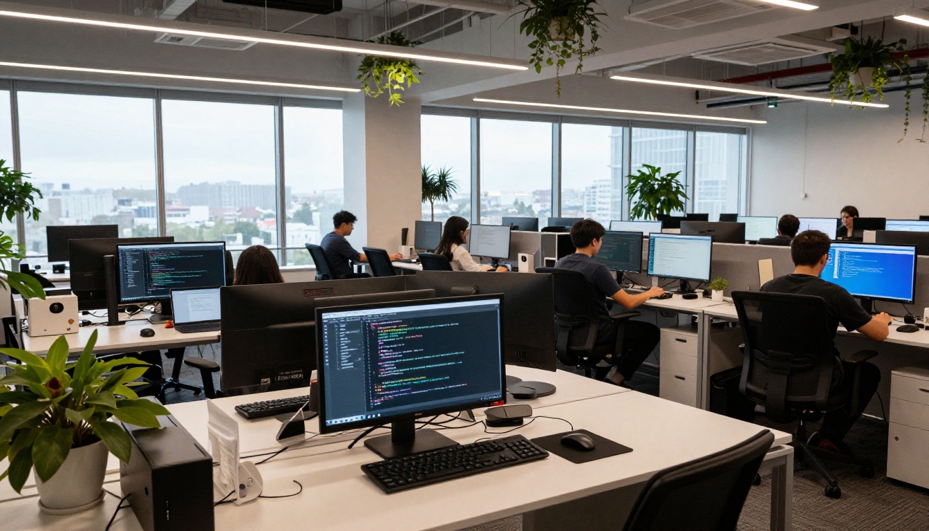 Wide modern tech office with rows of developers working at clean desks under natural light