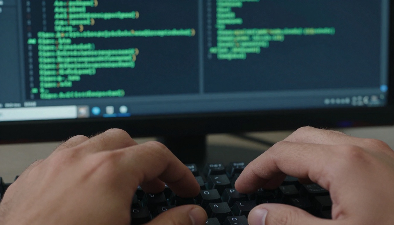 Developer hands on keyboard with AI code in terminal