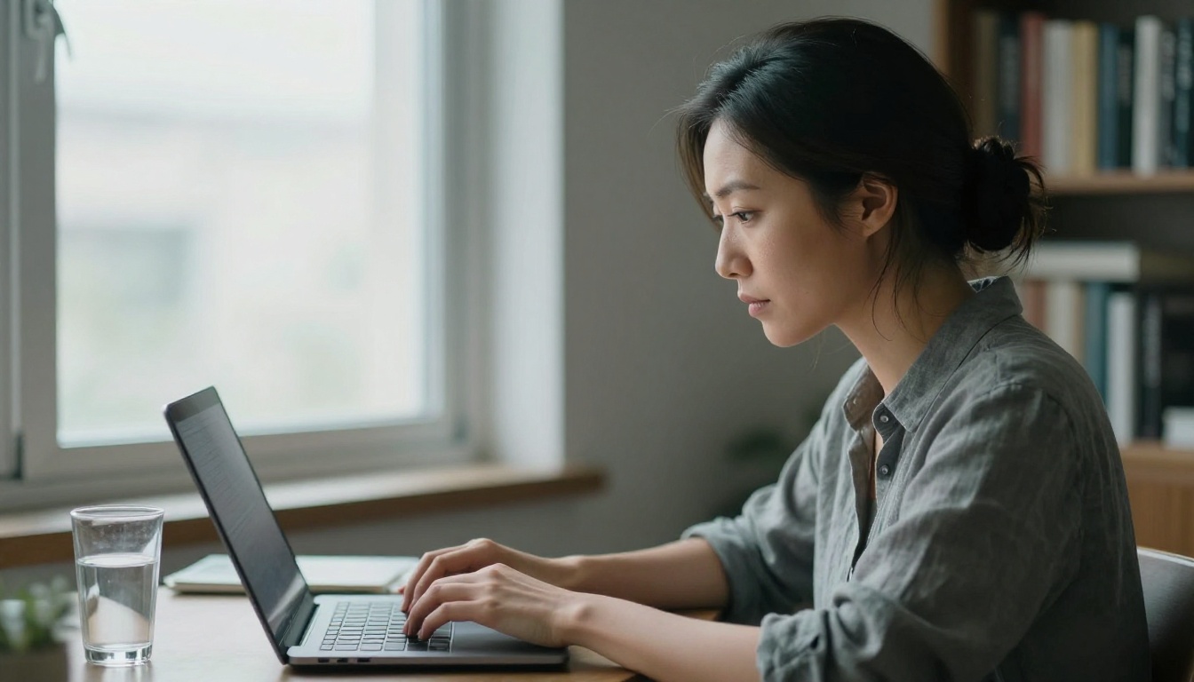 Developer woman at laptop, side profile