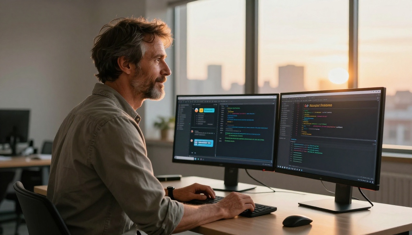 Standing developer at dual monitors