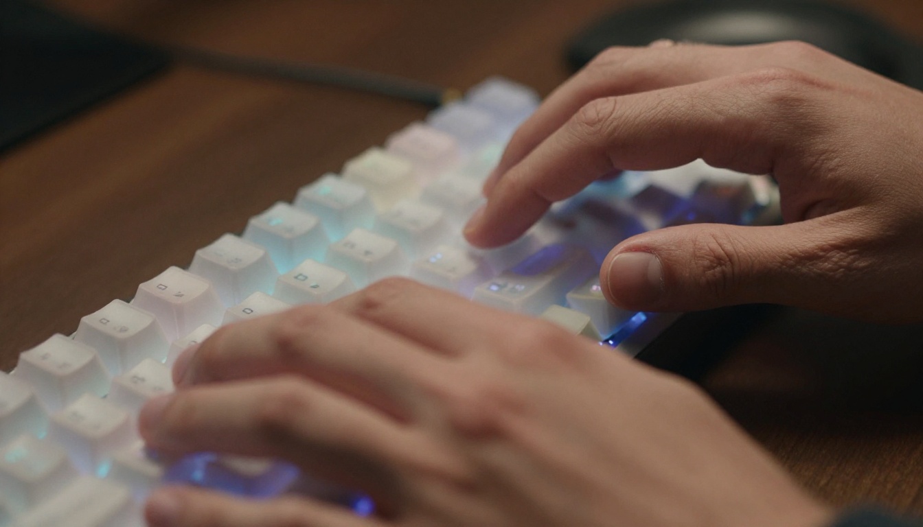 Close-up of developer hands mid-keystroke on mechanical keyboard