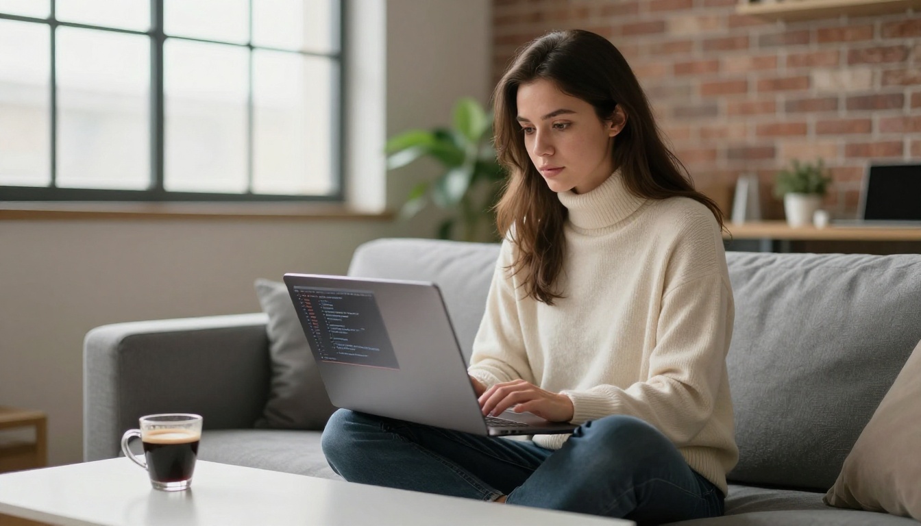 Thoughtful female developer with laptop cross-legged on modern sofa
