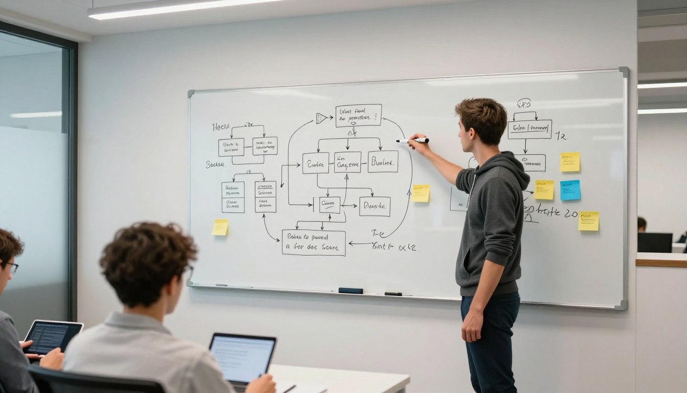 Developer pointing at whiteboard architecture diagram with sticky notes
