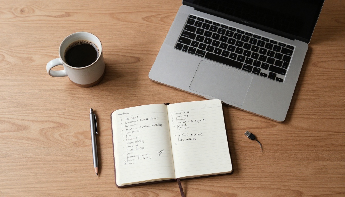 Aerial flat-lay of wooden desk with laptop, notebook, and coffee