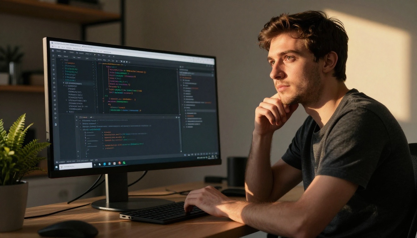 Focused developer at standing desk reviewing split-pane documentation