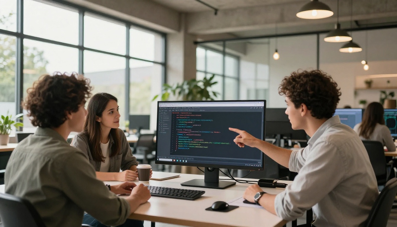 Three developers collaborating around a large curved monitor