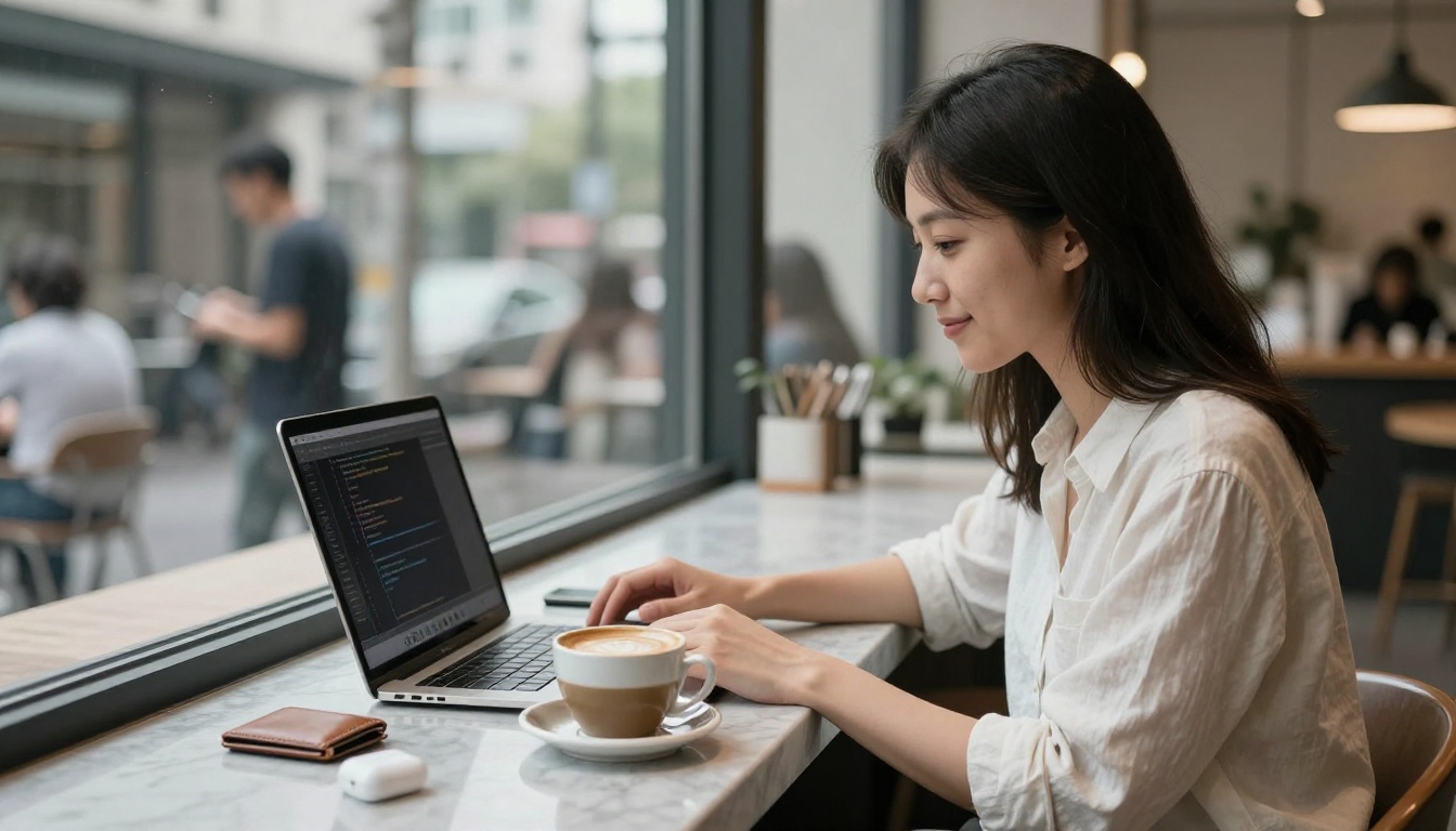 Female developer working on laptop in a bright minimalist cafe