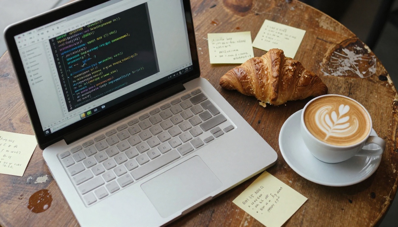 Developer working on laptop at a cafe with code visible on screen