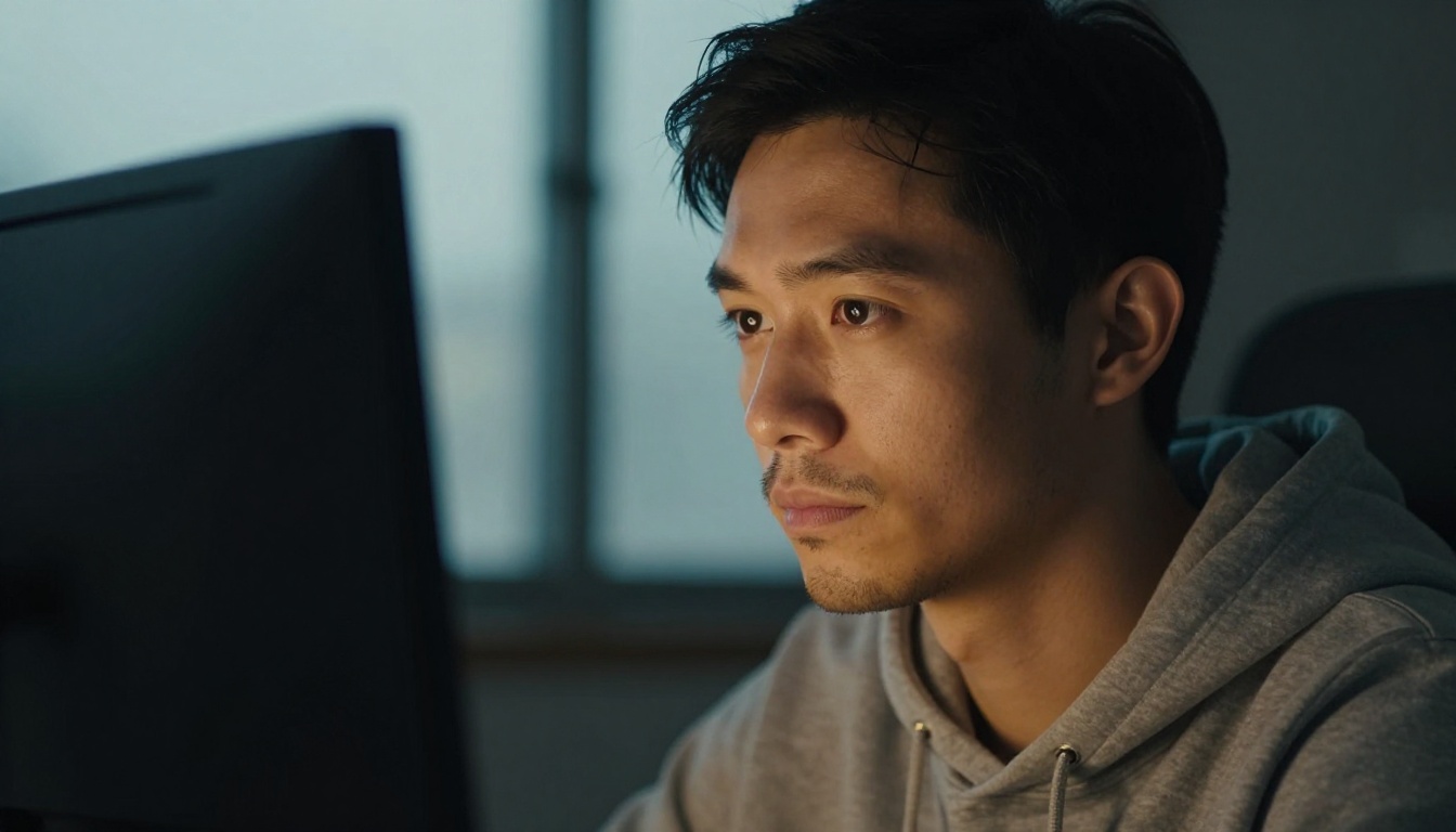 Developer face illuminated by monitor glow in a dark room