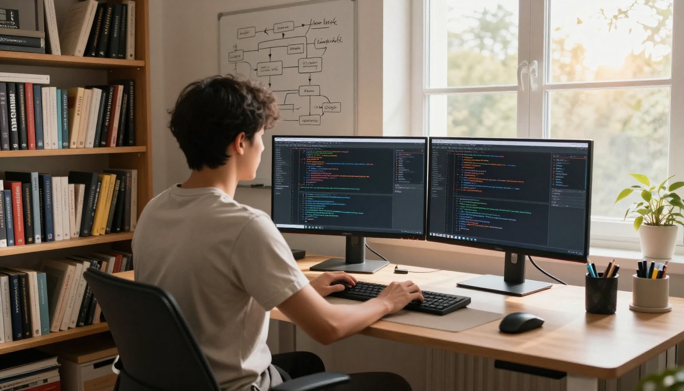 Developer at standing desk with dual monitors and whiteboard visible in background