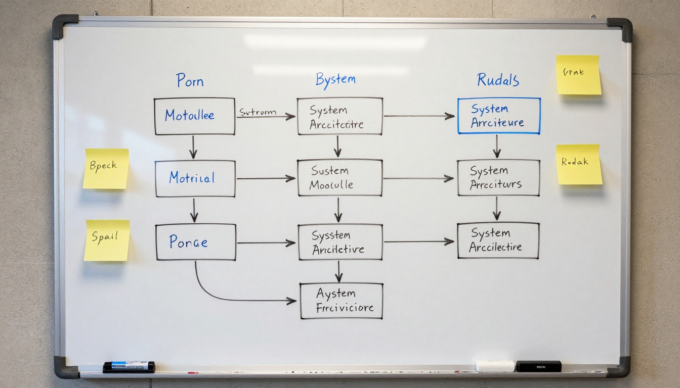 Whiteboard covered in handwritten system architecture diagrams and sticky notes