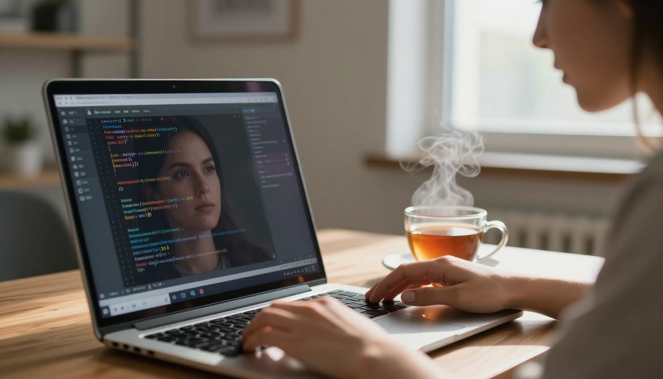 Female developer reviewing code on a laptop with tea steaming beside her