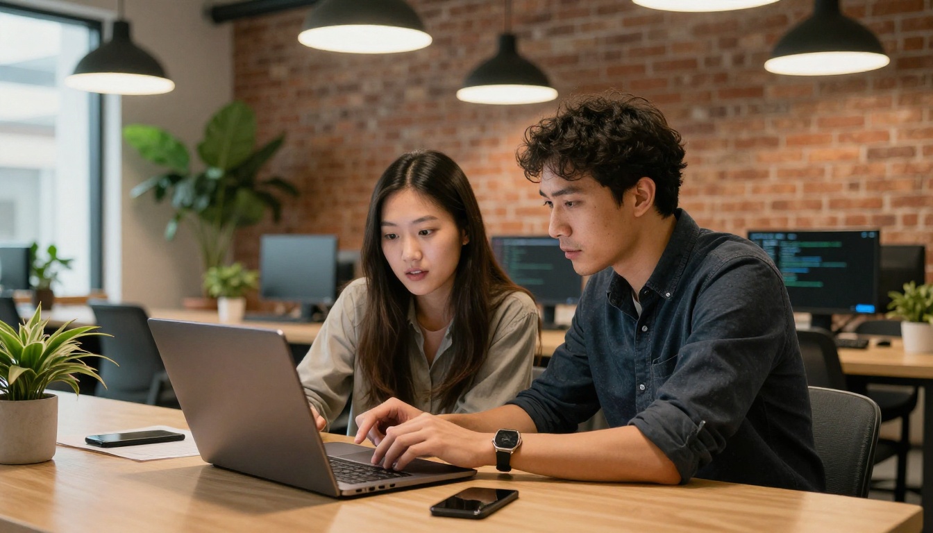 Two developers collaborating over a laptop in a co-working space with exposed brick walls