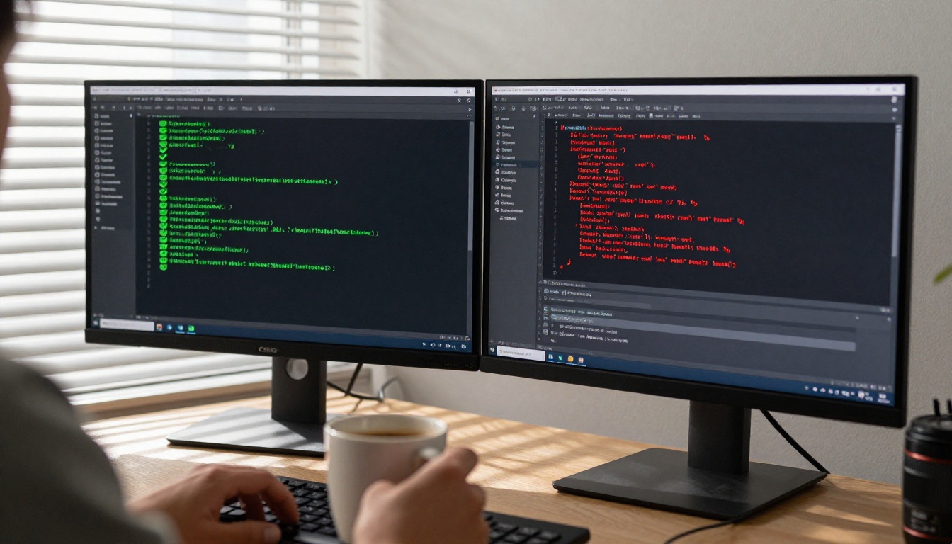 Dual monitor setup showing terminal tests and code editor with morning light through window blinds