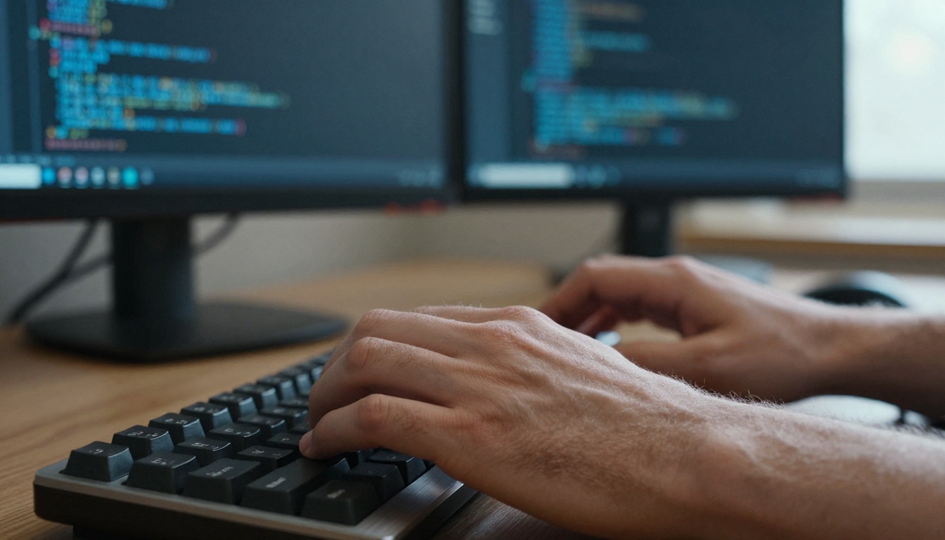 Developer hands mid-keystroke on brushed aluminum mechanical keyboard, warm natural morning side light from right, blurred dual monitor with blue code behind, Nikon Z7 105mm macro, Kodak Portra 400 photorealistic 8K