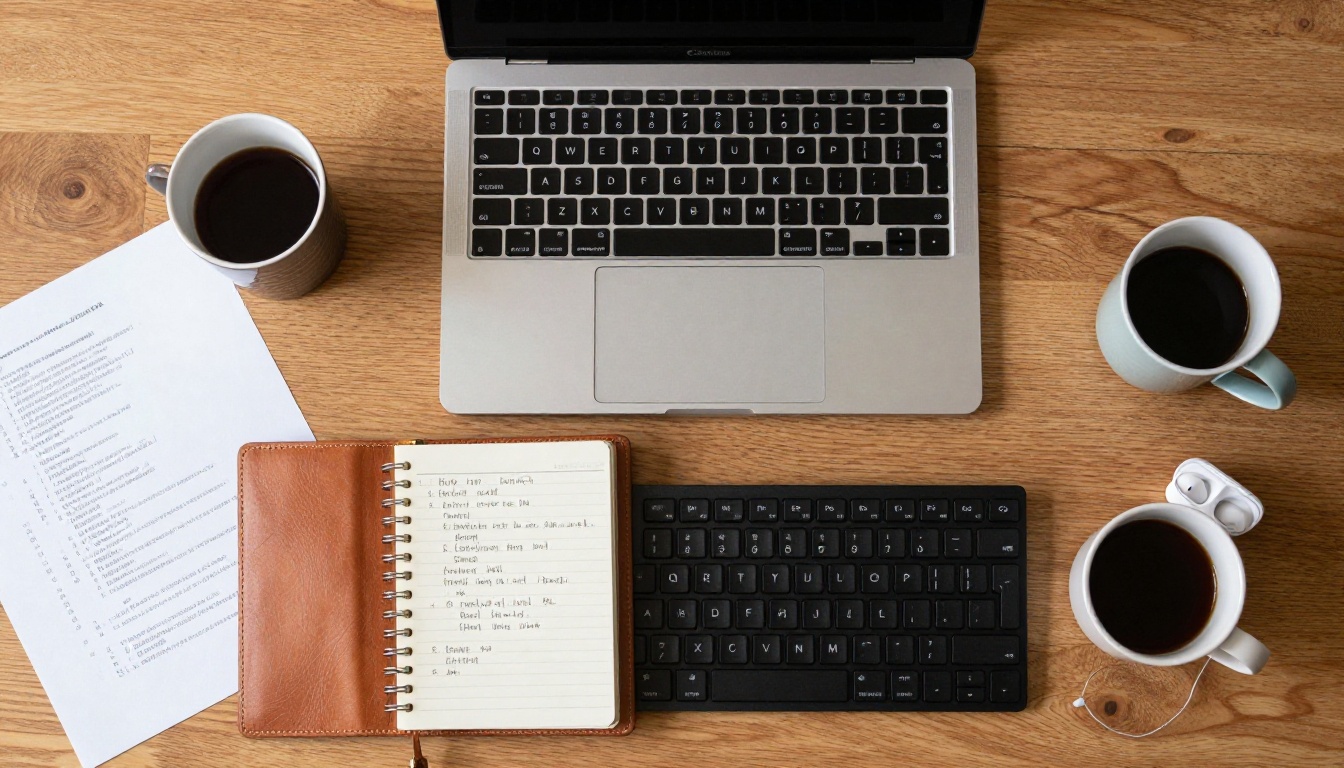 Aerial top-down flat lay of developer workstation with 15-inch laptop, open leather notebook with handwritten code notes, black mechanical keyboard, ceramic coffee mug, printed documentation, warm diffused natural light, Canon 24mm tilt-shift, Kodak Portra 400, photorealistic 8K