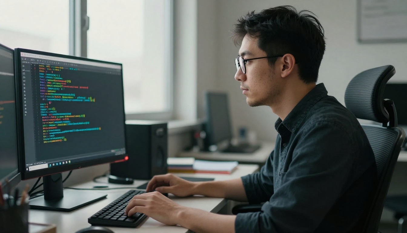 Male developer in round glasses seated in ergonomic chair staring intently at terminal screen, sharp volumetric side light from narrow office window highlighting glasses bridge and stubble texture, Leica M11 50mm f/2, authentic film grain, photorealistic 8K