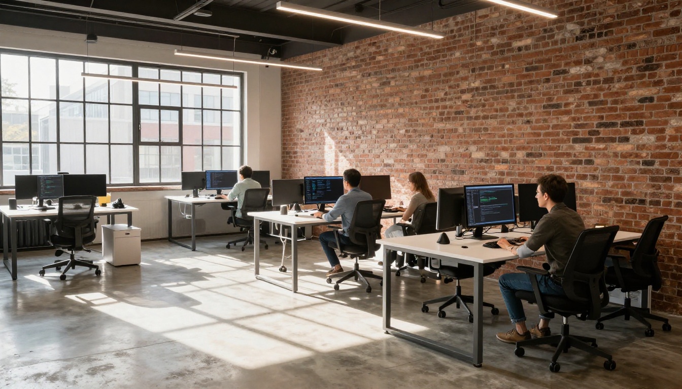 Wide environmental shot of modern open-plan tech office with polished concrete floors, exposed brick wall, four developers at sit-stand desks, natural daylight through large industrial metal-frame windows casting sharp light pools, overhead slim pendant lights, Canon 24mm f/2.8, Kodak Portra 400, photorealistic 8K