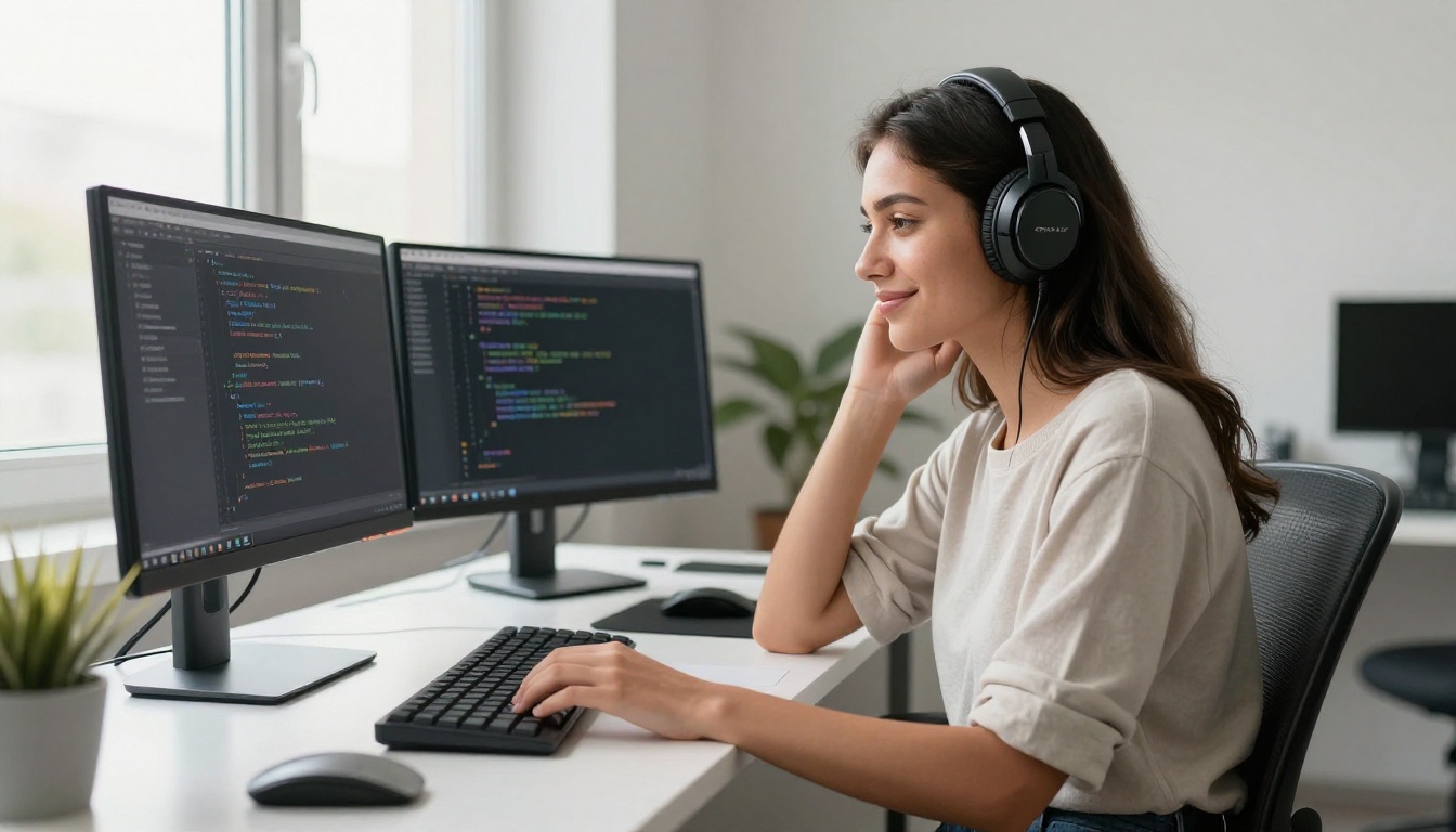 Young female developer with over-ear headphones around neck smiling softly at bright code monitor, morning window light at 45 degrees illuminating dark brown hair and warm olive skin, second monitor showing code suggestion popup, Sony A7R IV 85mm f/1.8, realistic skin texture, Kodak Portra 400, photorealistic 8K