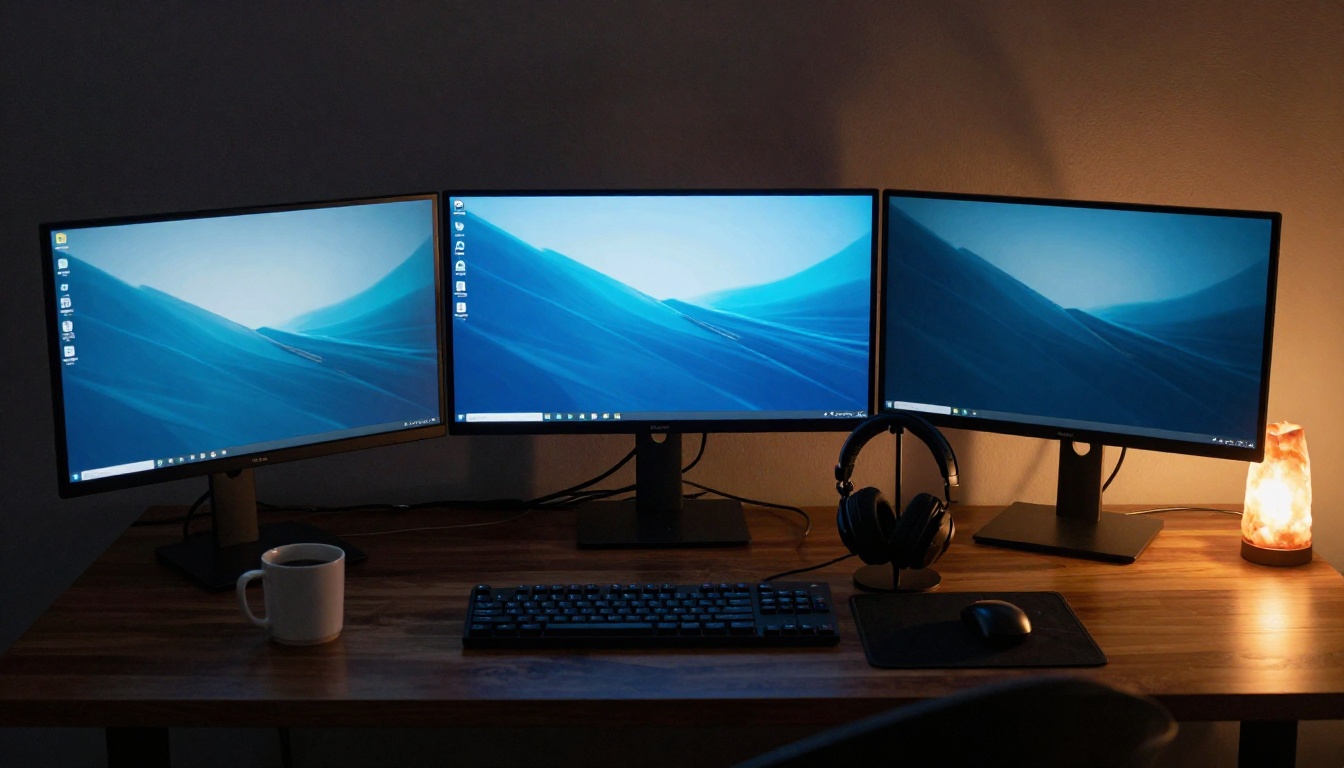 Wide nighttime developer triple-monitor workstation in dark room, three screens as primary light source casting blue-white light across dark walnut desk, coffee mug and headphone stand visible, amber salt lamp accent in back corner, Canon RF 35mm f/2, authentic night sensor noise, photorealistic 8K