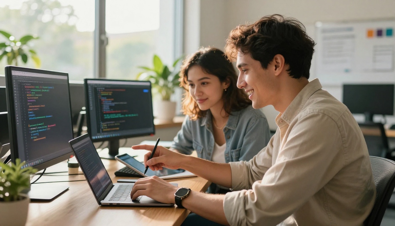Two developers reviewing AI-generated code together at a shared workstation
