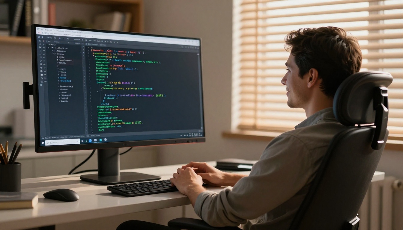 Developer leaning back reviewing clean code output on large monitor