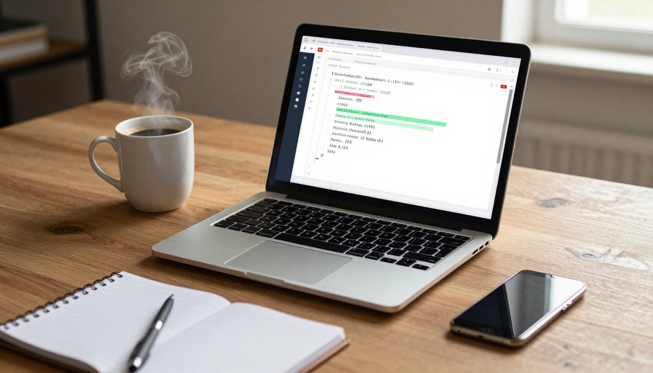 Static analysis tool interface showing code warnings and error severity on a laptop