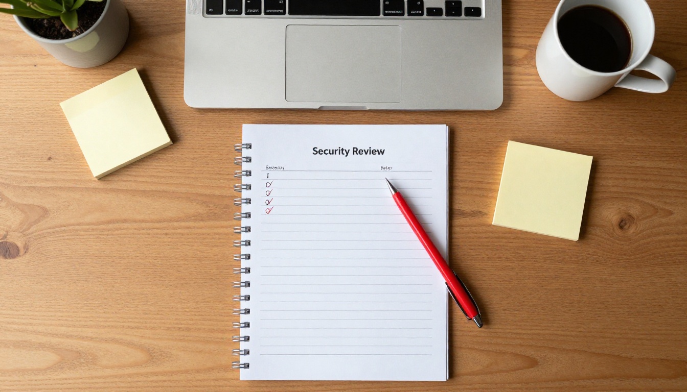 Handwritten security code review checklist on a wooden desk shot from above