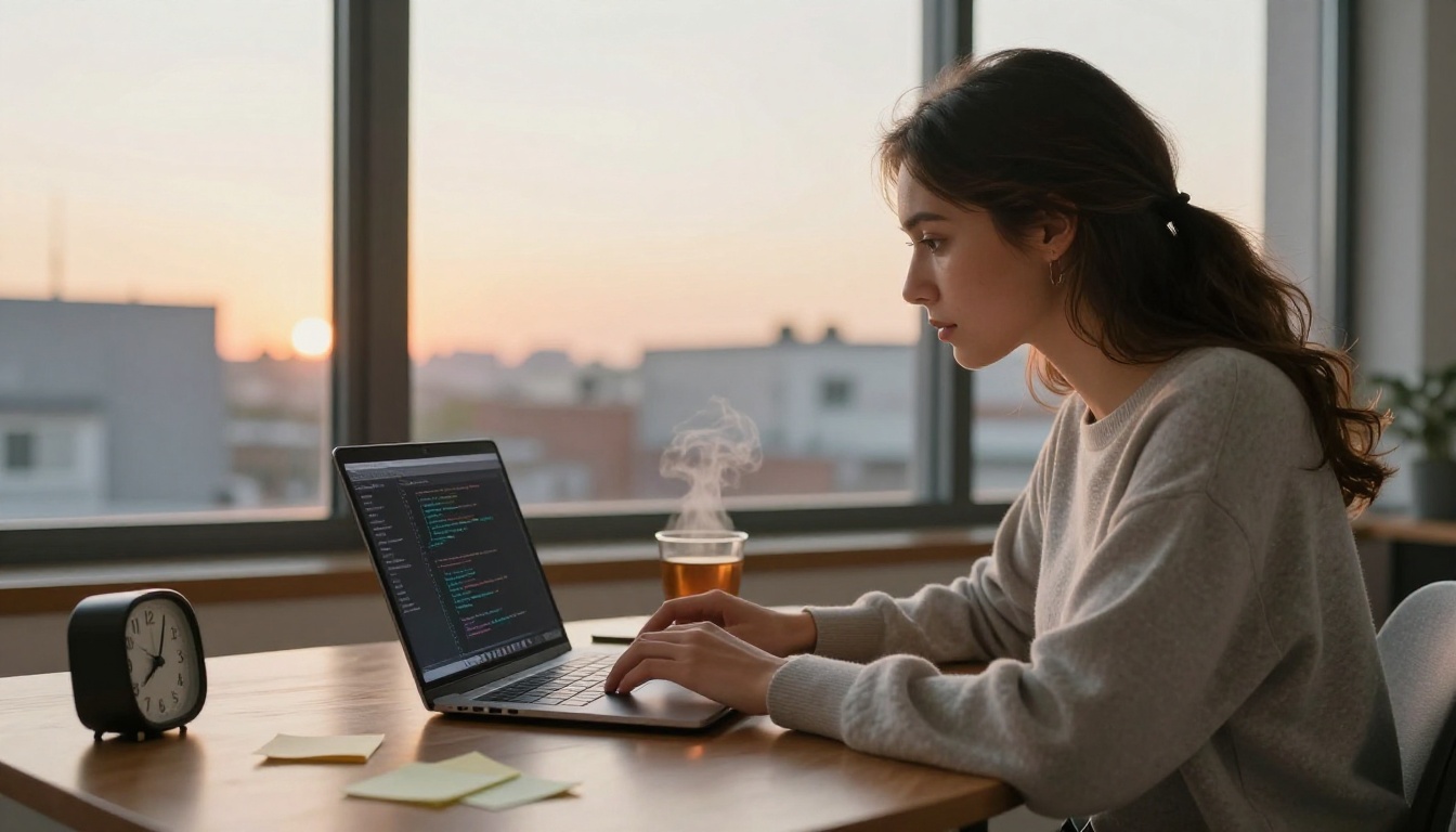 Female developer debugging code at morning window