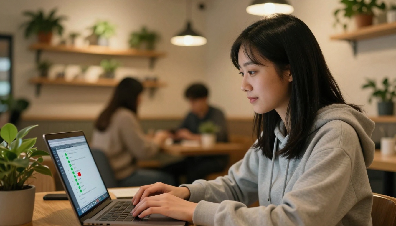 Developer running unit tests on a laptop in a coffee shop