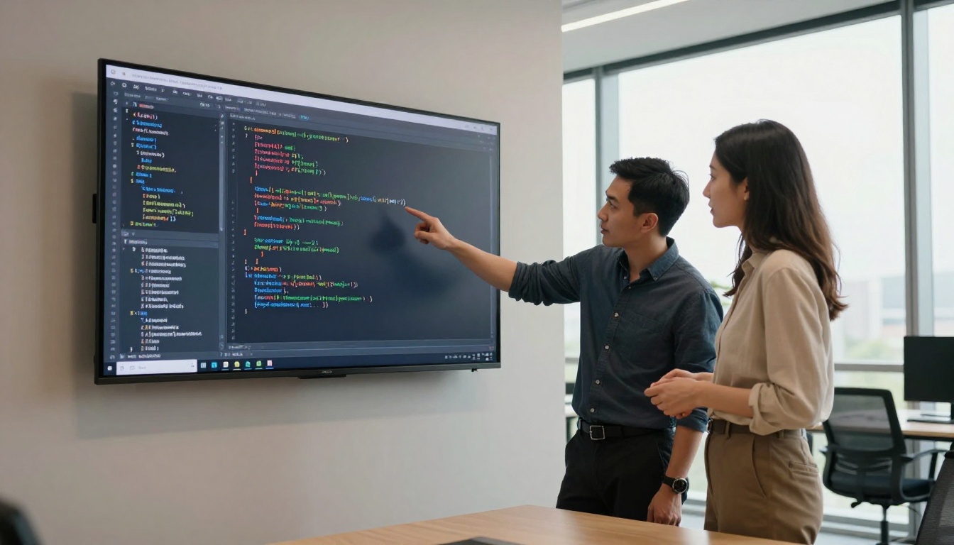 Two developers collaborating on AI-generated code output