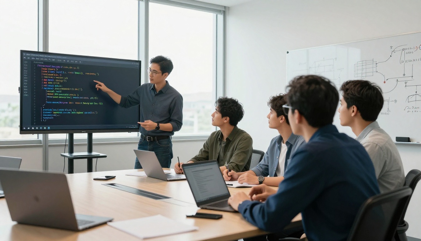 Team of three developers conducting a code review session in a conference room