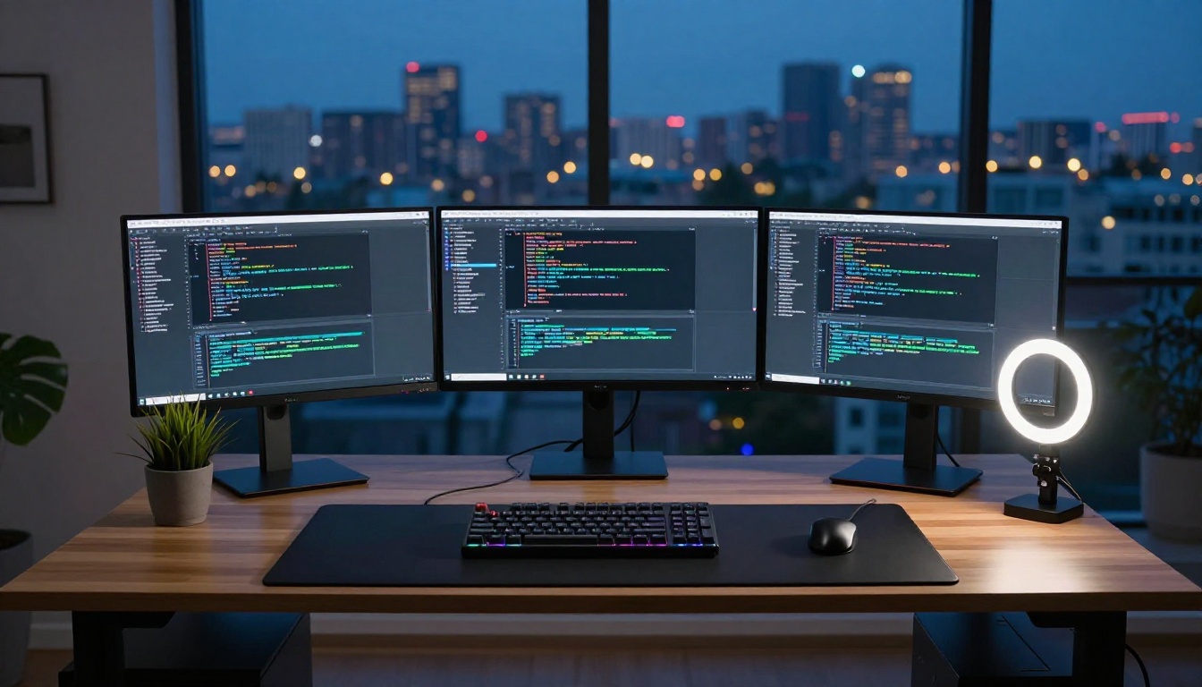 Modern triple-monitor developer workstation at dusk