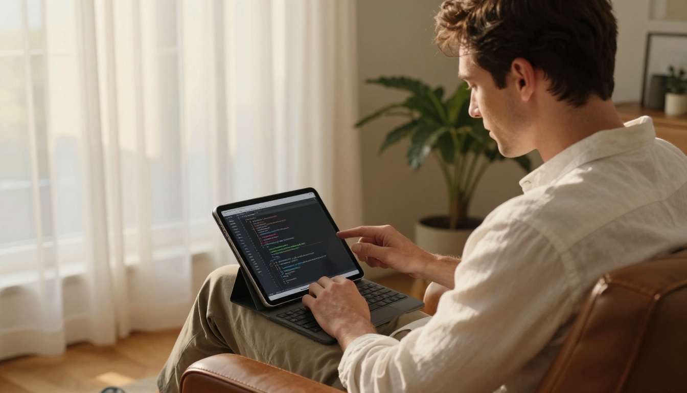 Developer reviewing code on an iPad Pro in a comfortable leather armchair by a window